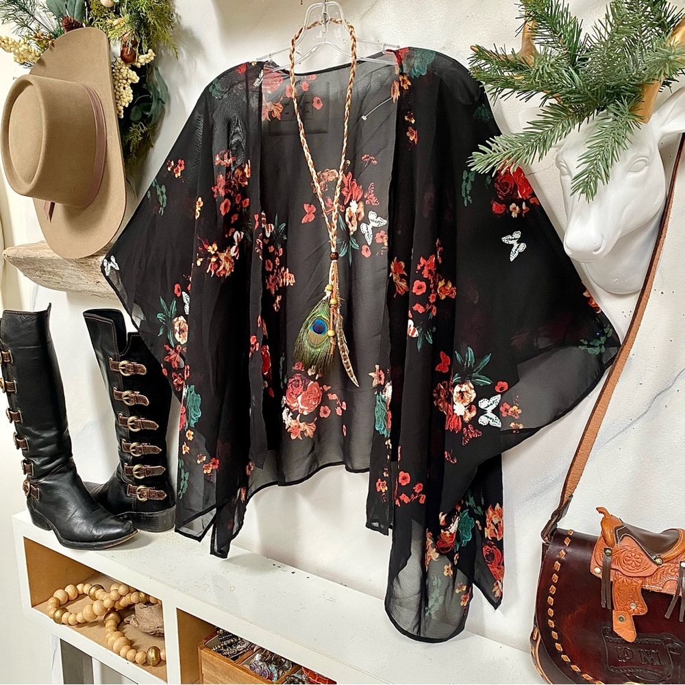 Semi Sheer boho open front cover up w floral shabby chic vacay vibe